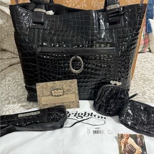 Vintage Brighton Jetson Black Croc Embossed Bag and Accessories Set